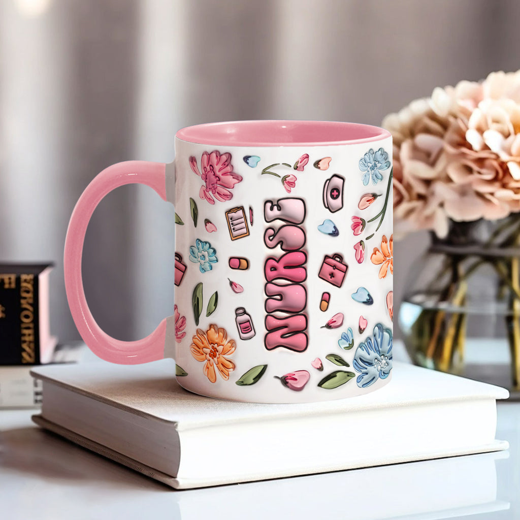 Mug gonflable personnalisé « Nurse Life » rose pastel à motifs floraux - Mug infirmière