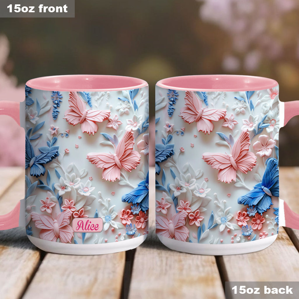 Mug personnalisé à motif papillons roses et bleus