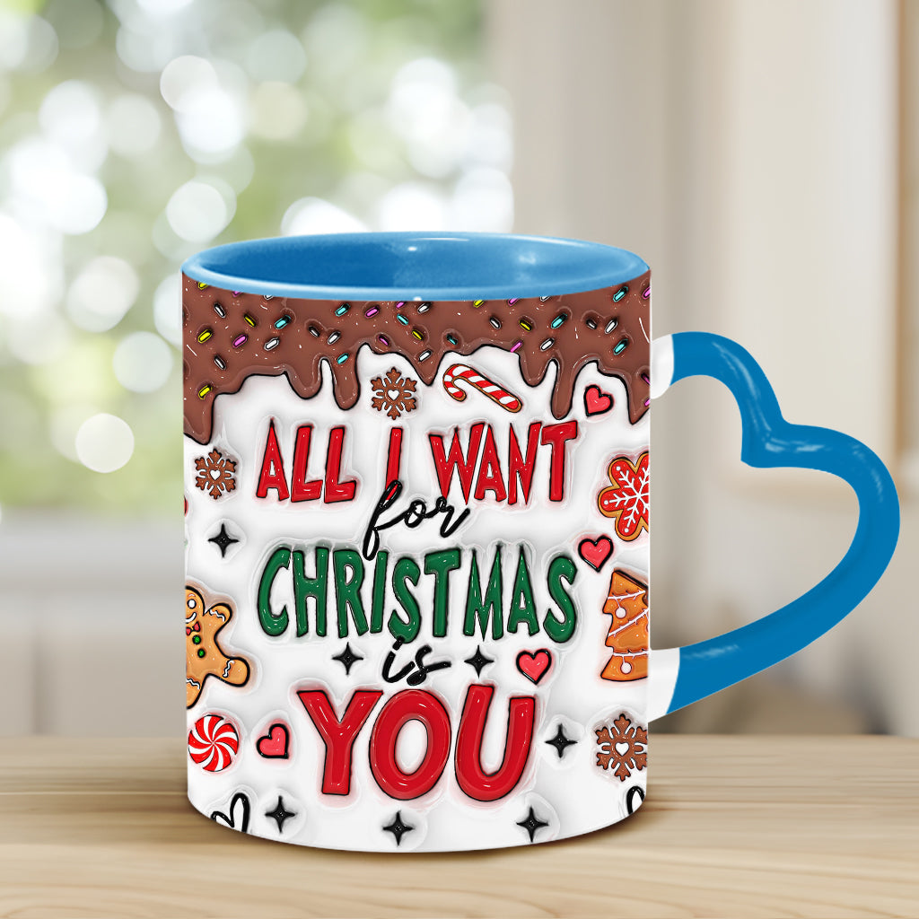 Tout ce que je veux pour Noël, c'est toi - Mug personnalisé pour couple avec anse en forme de cœur