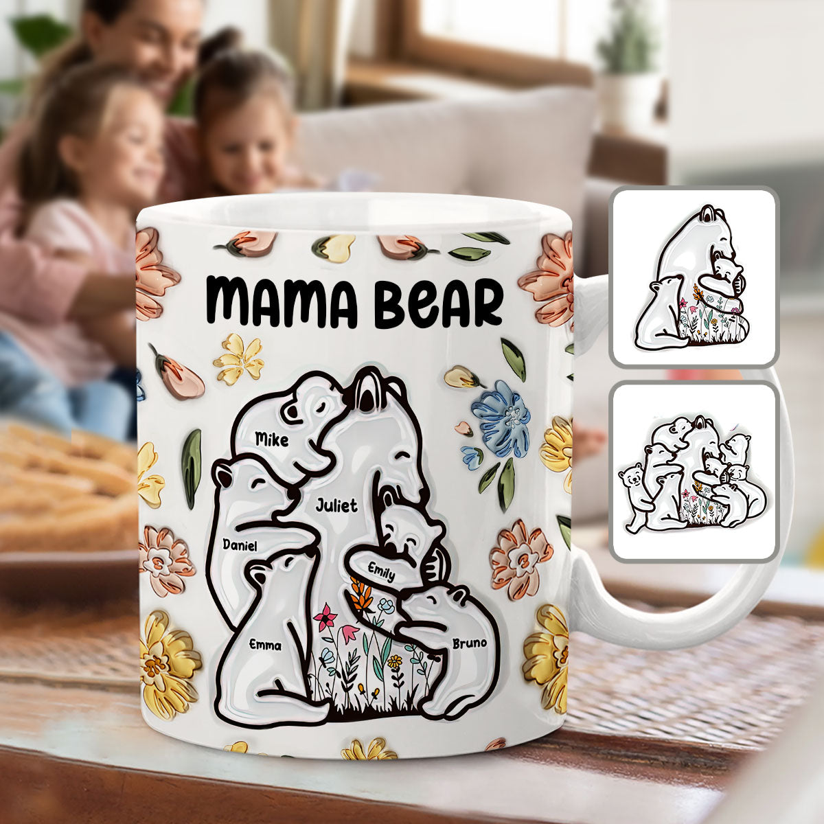 Mug personnalisé « Maman ourse câlinant ses petits » style floral