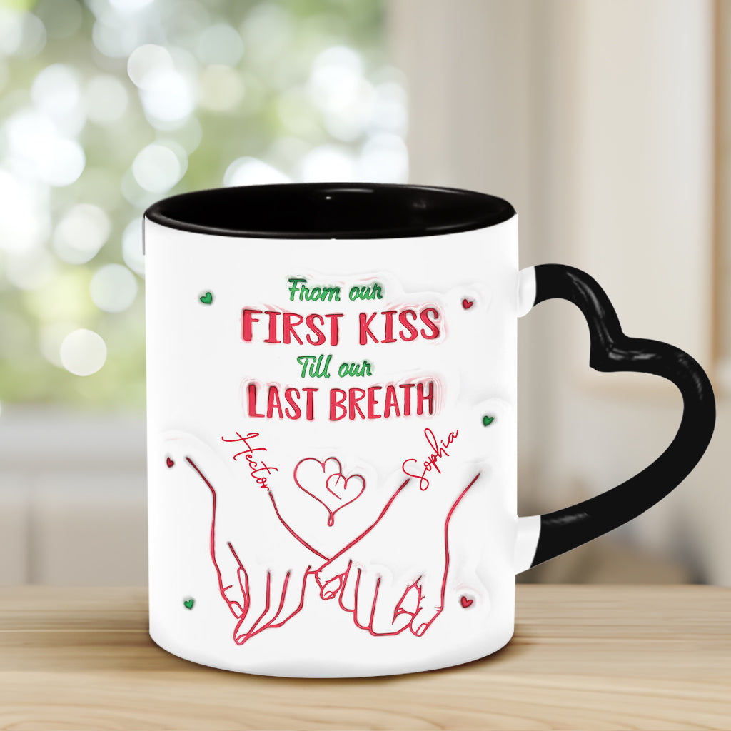 De notre premier baiser à notre dernier souffle - Mug personnalisé pour couple avec anse en forme de cœur