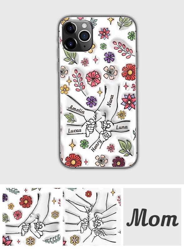 Coque de téléphone personnalisée pour grand-mère avec motif floral printanier et mains qui se tiennent - Mamie et maman