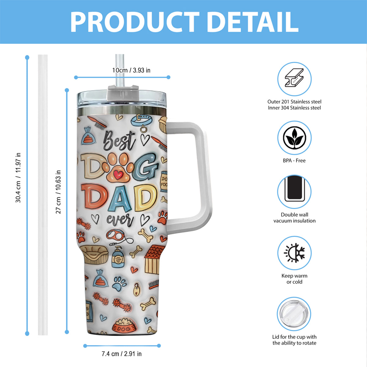 Meilleur papa de chien au monde - Gobelet isotherme personnalisé avec poignée