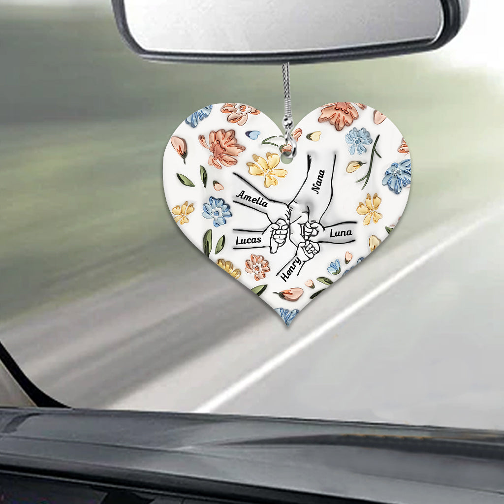 Mains gonflées et fleuries - Ornement de voiture personnalisé pour grand-mère