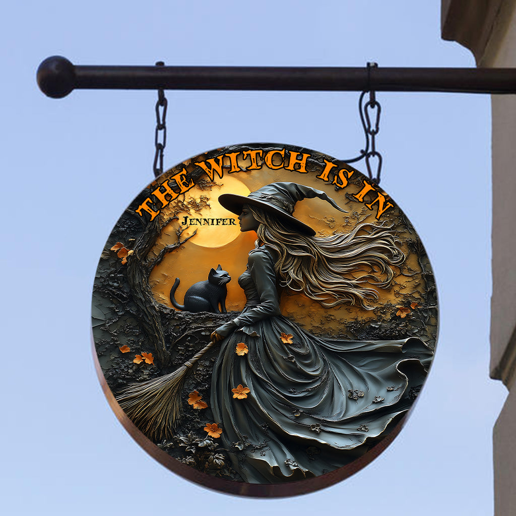Belle sorcière et son chat noir - Panneau rond en métal personnalisé « Sorcière »