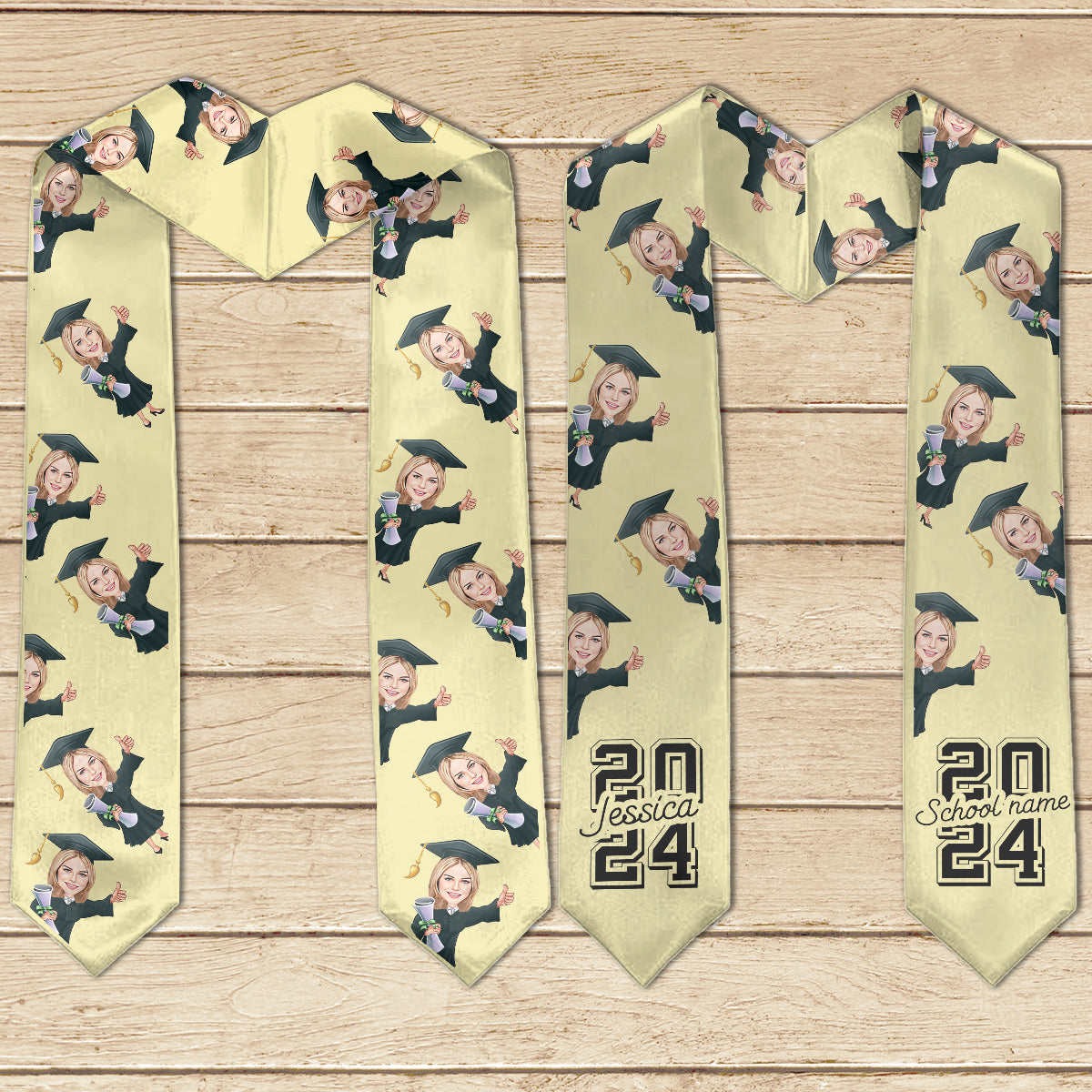 Écharpe de remise de diplôme personnalisée avec un personnage caricatural et amusant 