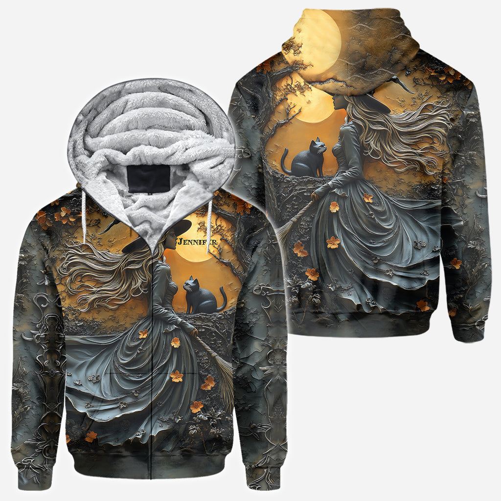 Belle sorcière et son chat noir - T-shirt personnalisé sorcière intégrale