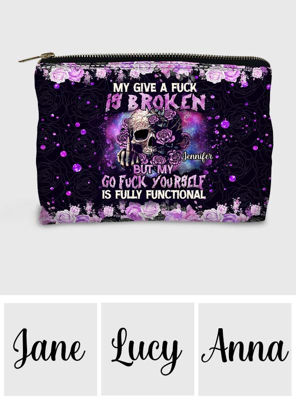 Mon « Je m'en fous » est cassé, mais mon « Va te faire foutre » est parfaitement fonctionnel ! – Pochette personnalisée en forme de crâne