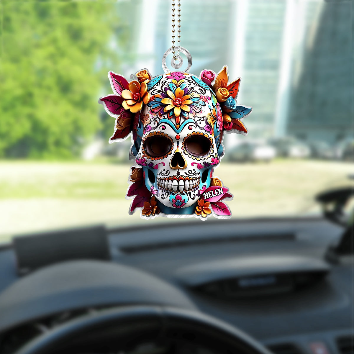 Crâne de sucre floral - Ornement de voiture personnalisé en forme de crâne.