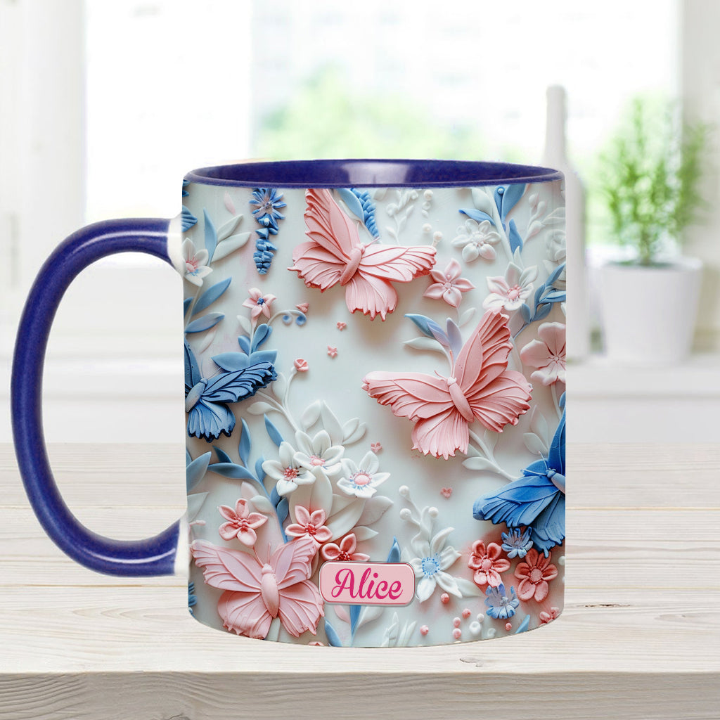 Mug personnalisé à motif papillons roses et bleus