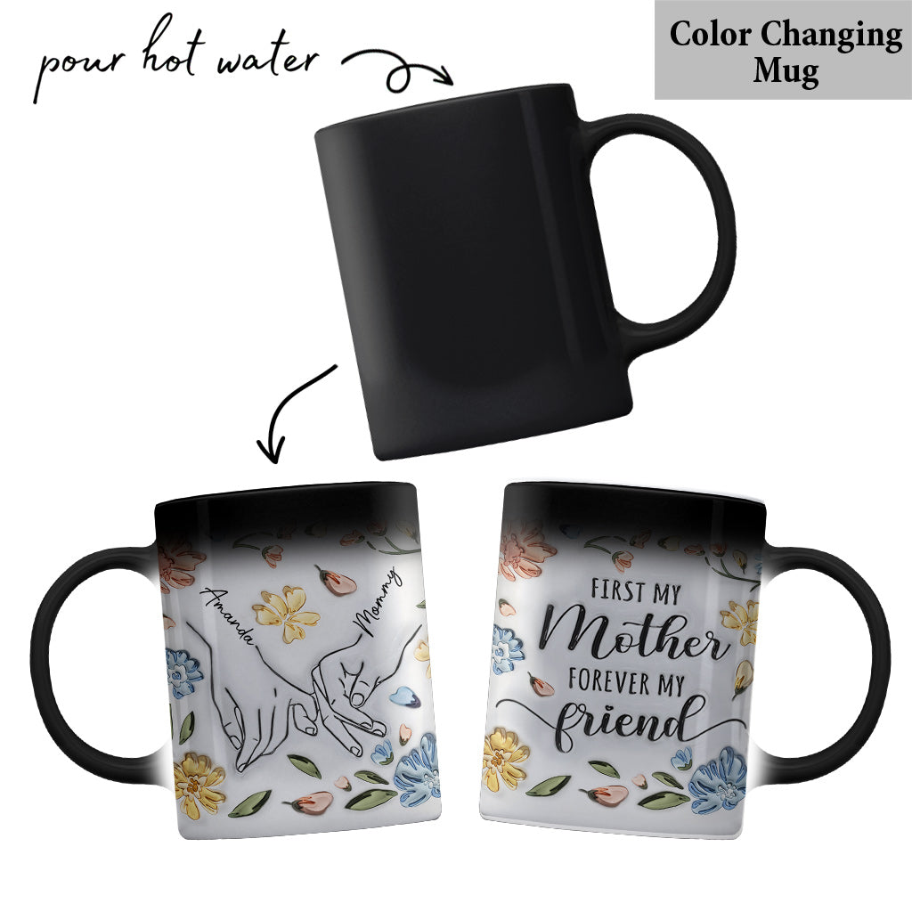 First My Mother Forever My Friend Pastel Floral Line Art Inflated - Personalized Mother Mug