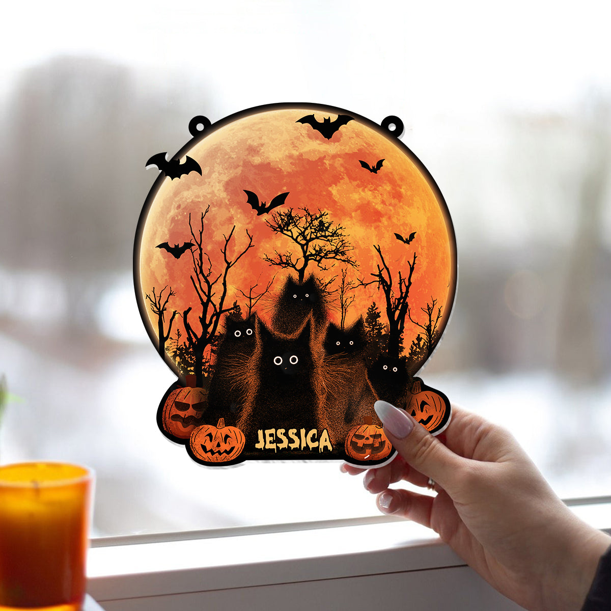 Chat noir lune d'Halloween - Ornement attrape-soleil personnalisé à suspendre à la fenêtre, motif chat noir 
