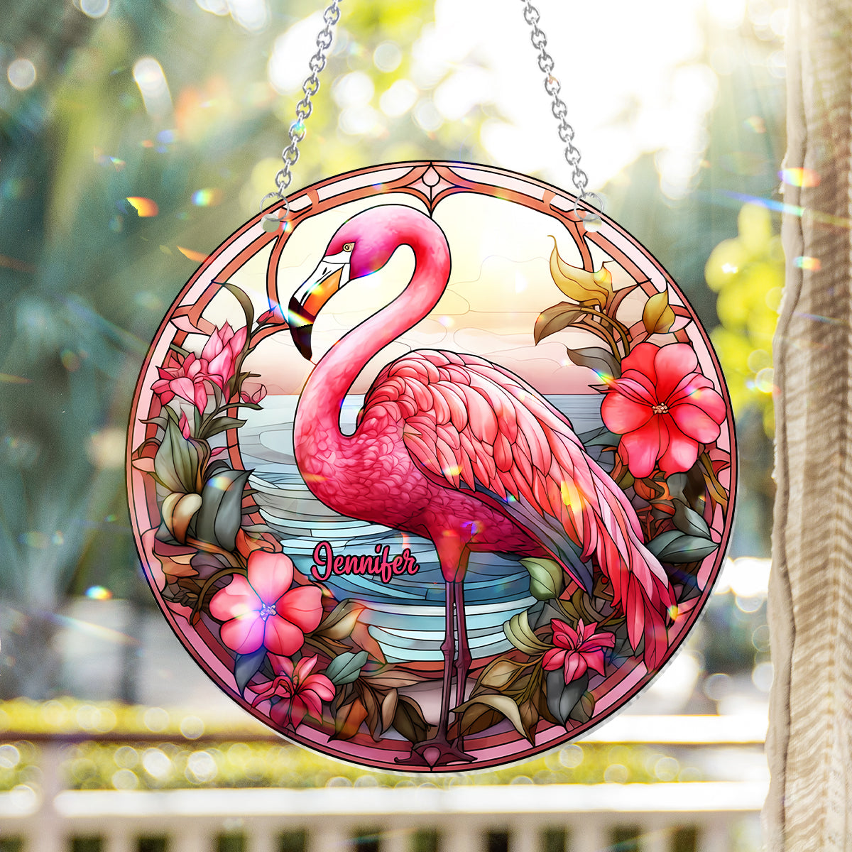 J'adore les flamants roses - Ornement attrape-soleil personnalisé à suspendre à la fenêtre, motif flamant rose 