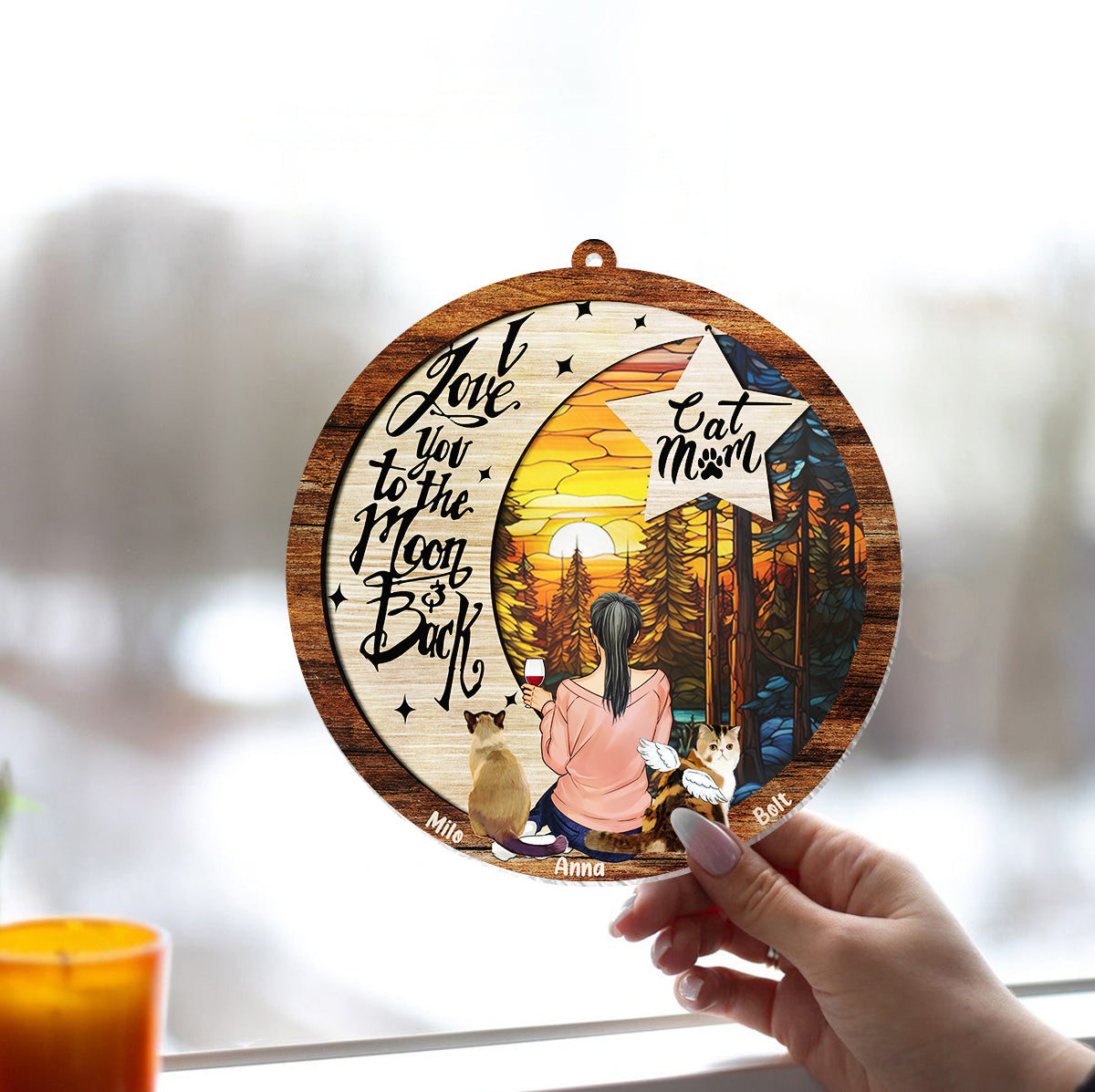 Je t'aime jusqu'à la lune et retour - Décoration attrape-soleil personnalisée pour fenêtre avec un chien
