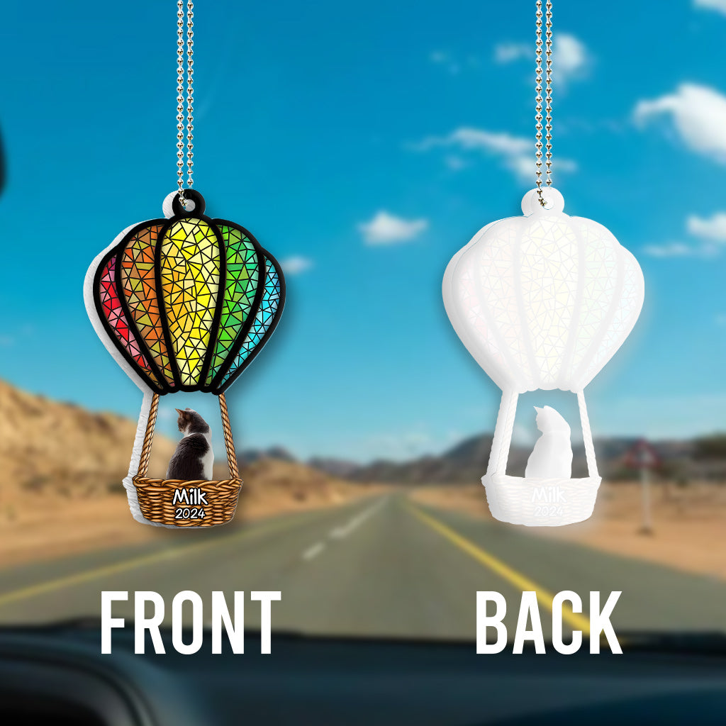 Chat et chien volant en montgolfière - Ornement de voiture transparent personnalisé avec chat