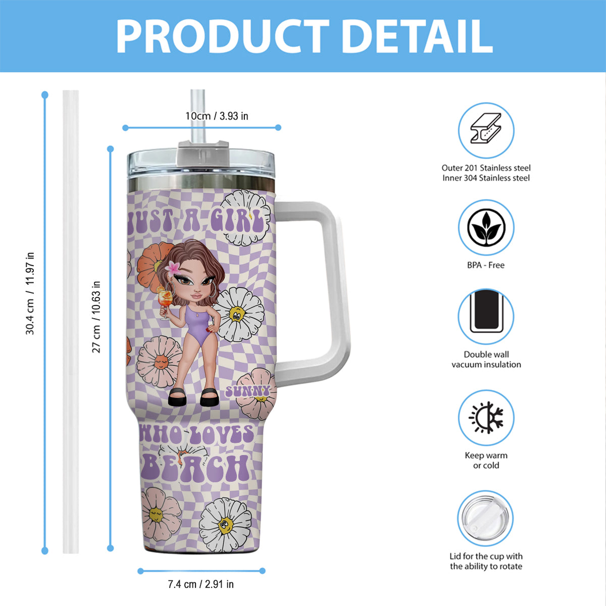 Gobelet isotherme personnalisé Feral Girl Summer - Amoureux de la mer avec anse