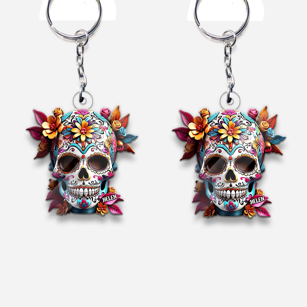Tête de mort mexicaine florale - Porte-clés personnalisé en forme de crâne.