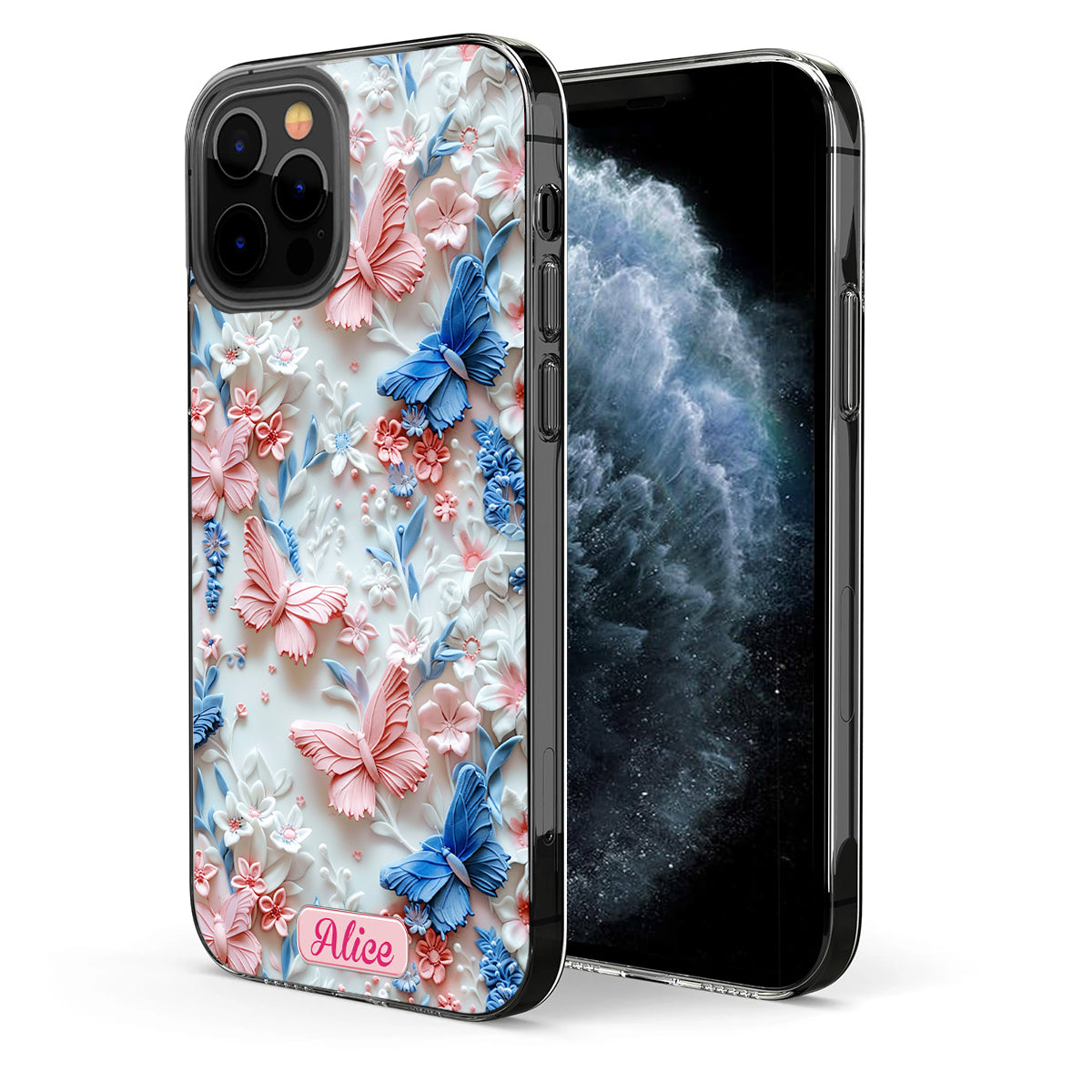 Coque de téléphone transparente personnalisée avec papillons roses et bleus
