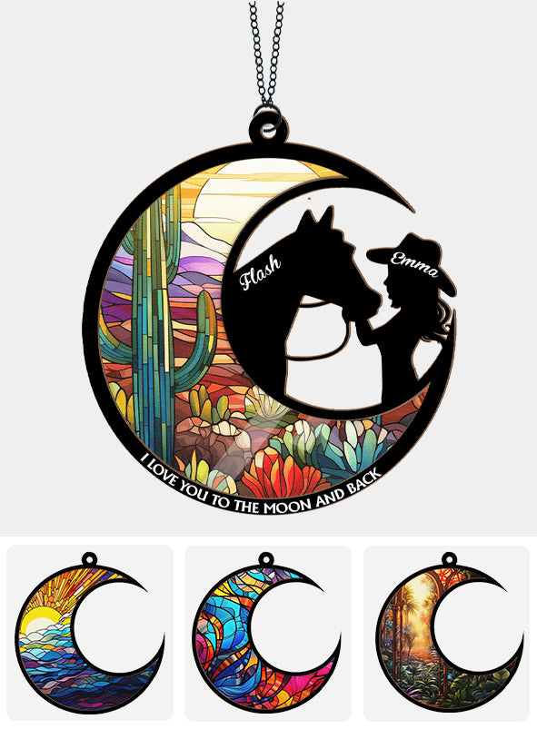 Vitrail « Je t’aime jusqu’à la lune » avec une fille à cheval - Attrape-soleil personnalisé à deux niveaux pour fenêtre