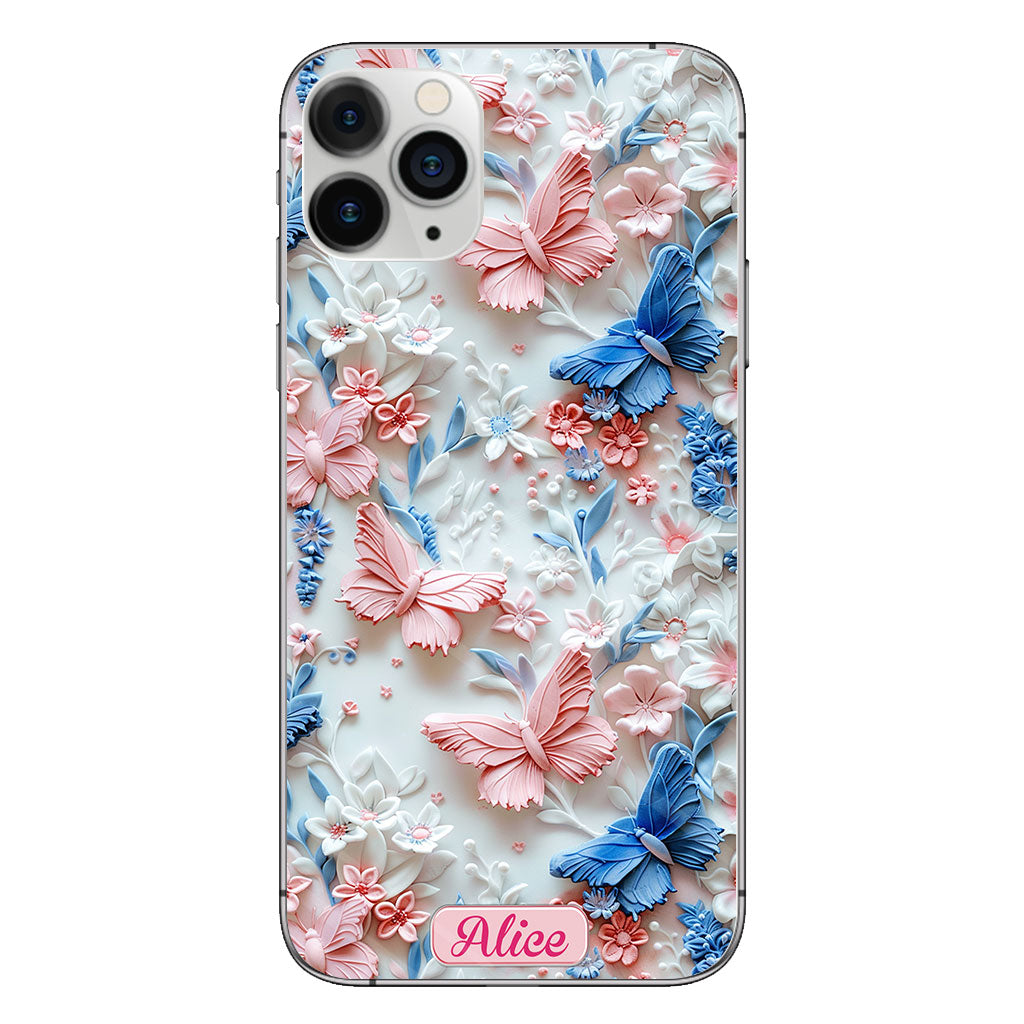 Coque de téléphone transparente personnalisée avec papillons roses et bleus