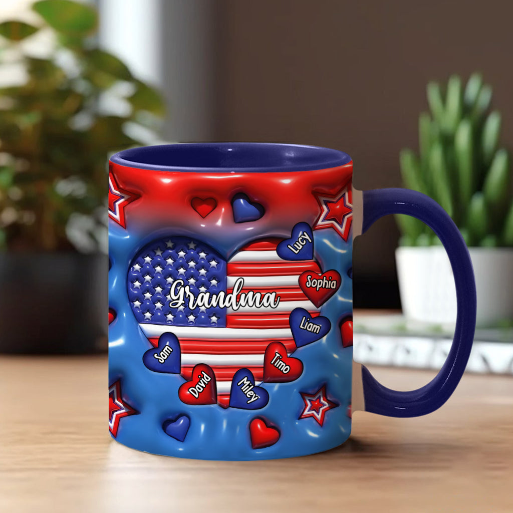 Mug personnalisé « Grand-mère et petits-enfants » avec drapeau en forme de cœur et motif Cœur gonflé