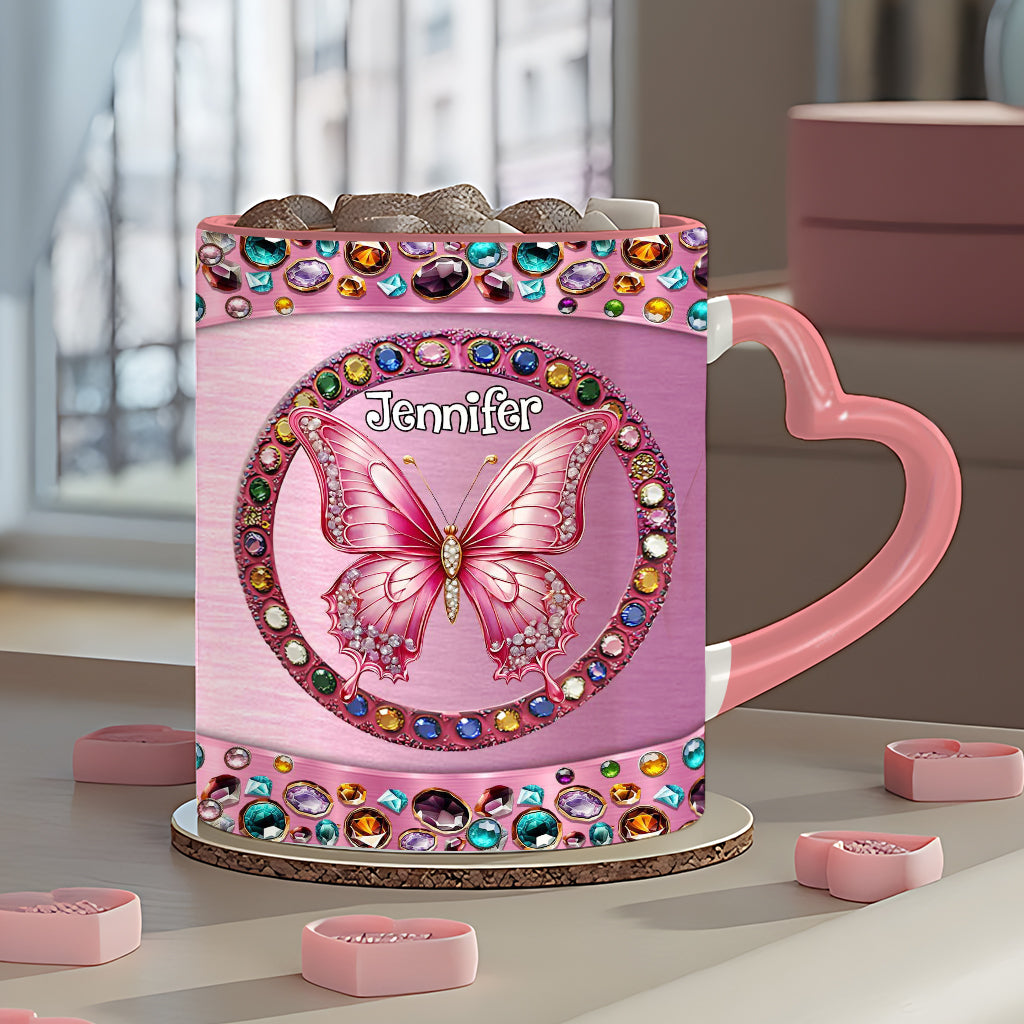 Beautiful Pink - Personalized Butterfly Heart Handle Mug