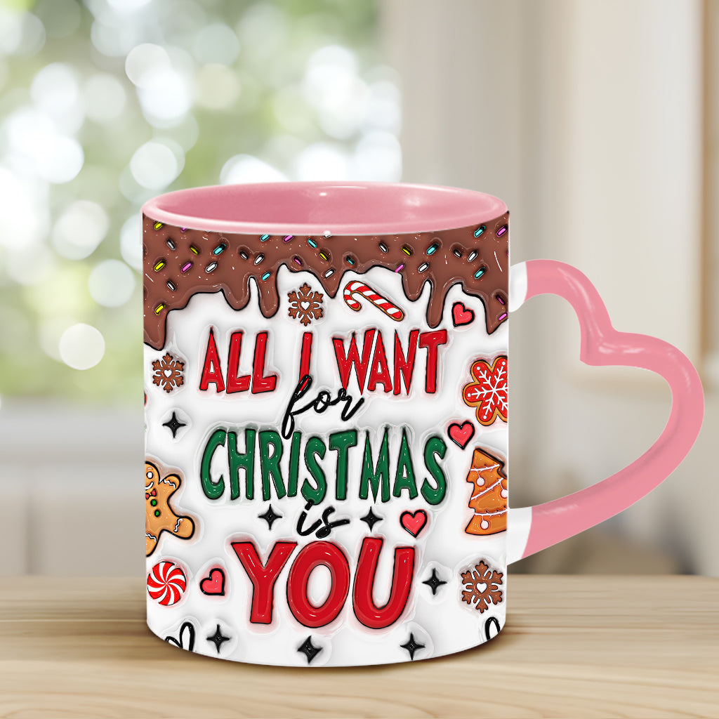 Tout ce que je veux pour Noël, c'est toi - Mug personnalisé pour couple avec anse en forme de cœur