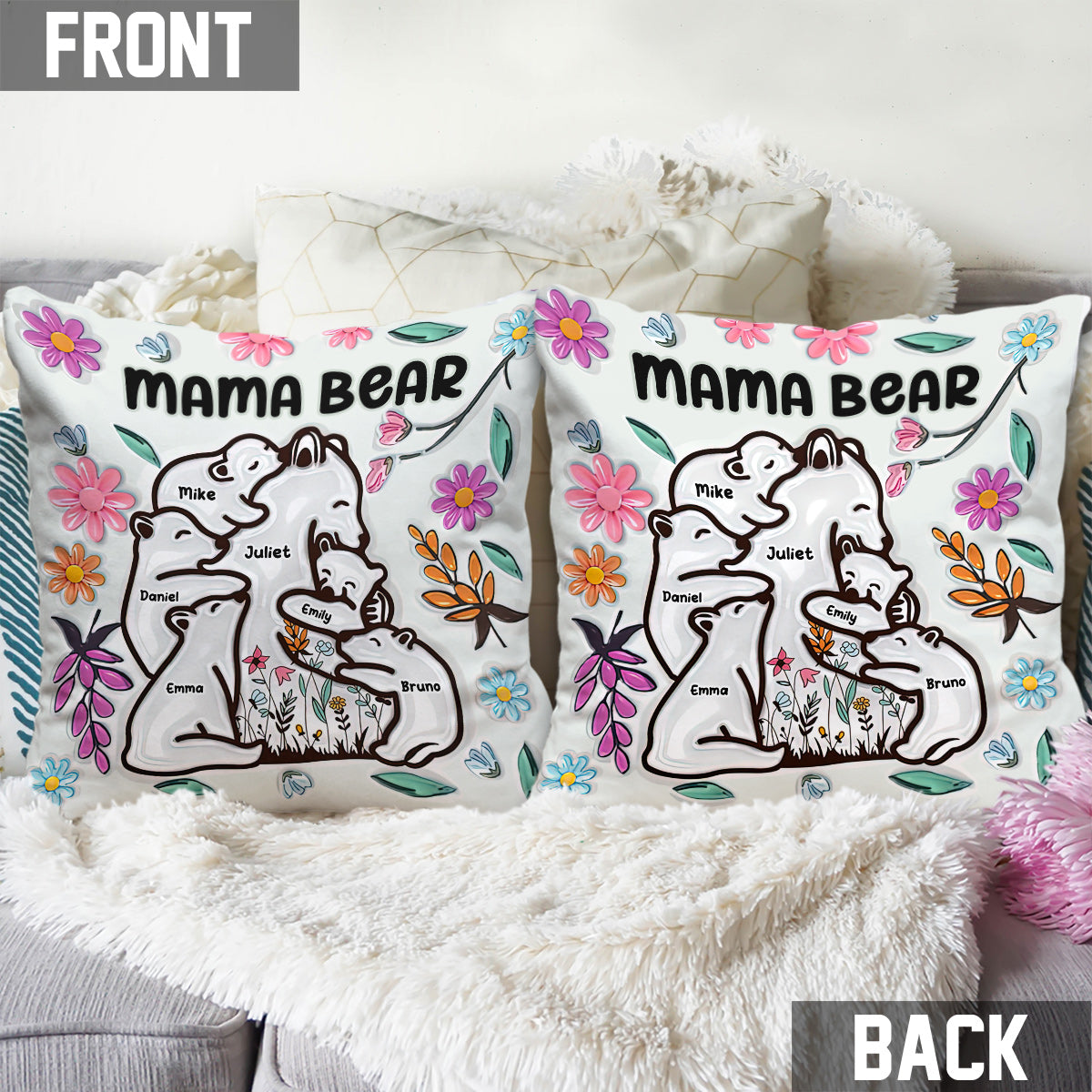Coussin décoratif personnalisé « Maman ours câlinant ses petits » style floral