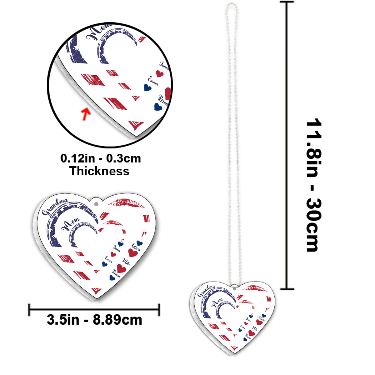 4th Of July Grandma's Hearts - Personalized Grandma Custom Shaped Car Ornament