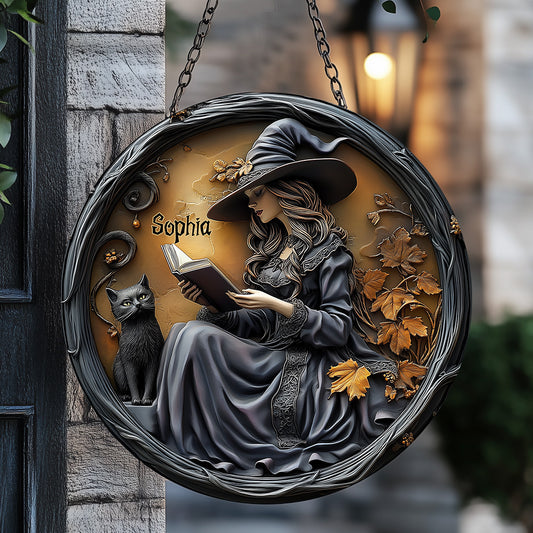 Beautiful Witch & Her Black Cat - Personalized Witch Round Metal Sign