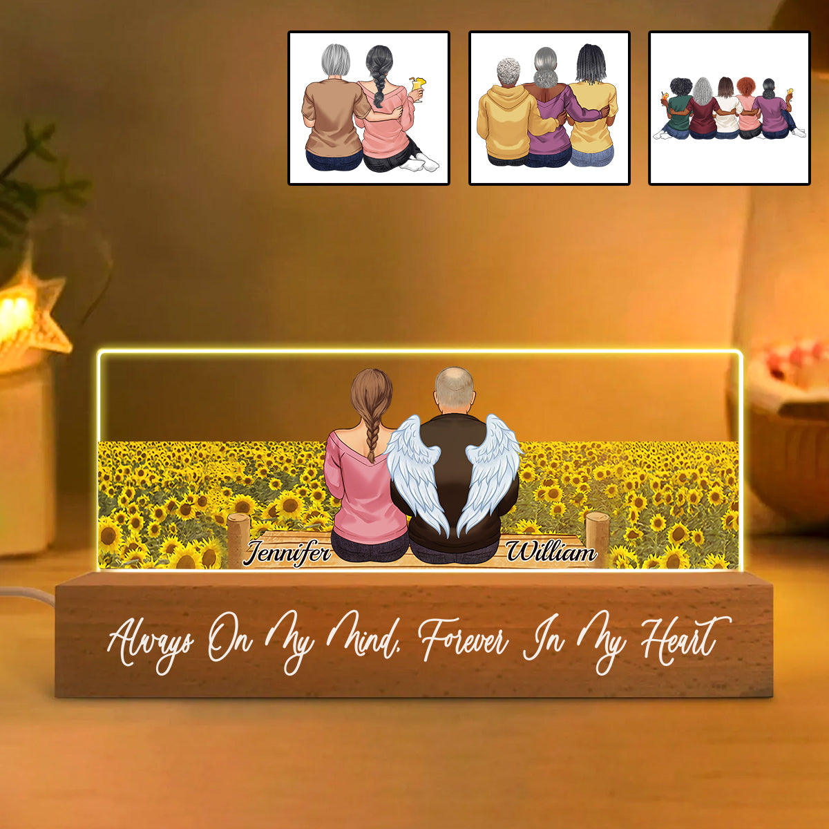 Veilleuse LED personnalisée Memorial Wings Sunflower Field - Souvenir commémoratif