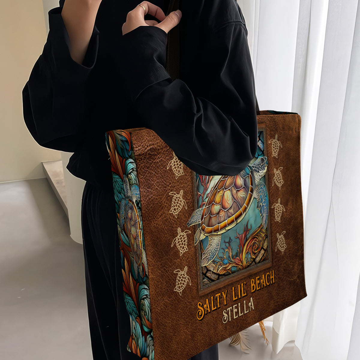 Salty Lil Beach - Sac fourre-tout en toile personnalisé avec imprimé tortue intégral