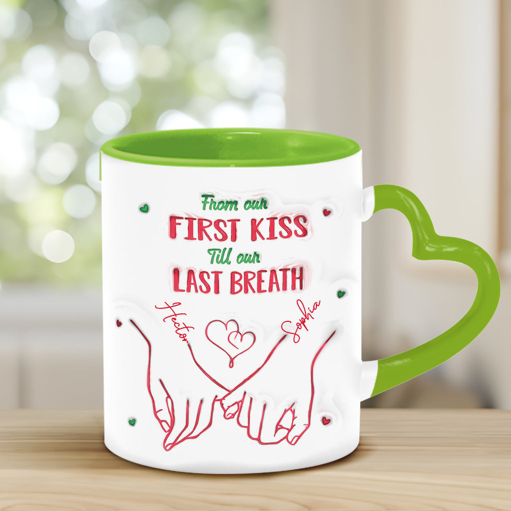 De notre premier baiser à notre dernier souffle - Mug personnalisé pour couple avec anse en forme de cœur