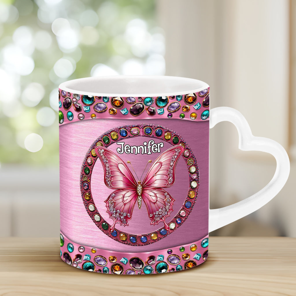 Beautiful Pink - Personalized Butterfly Heart Handle Mug