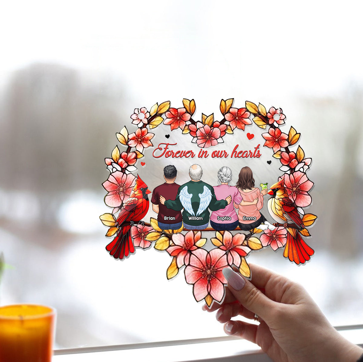 À jamais dans nos cœurs - Ornement commémoratif personnalisé à suspendre à la fenêtre, attrape-soleil 