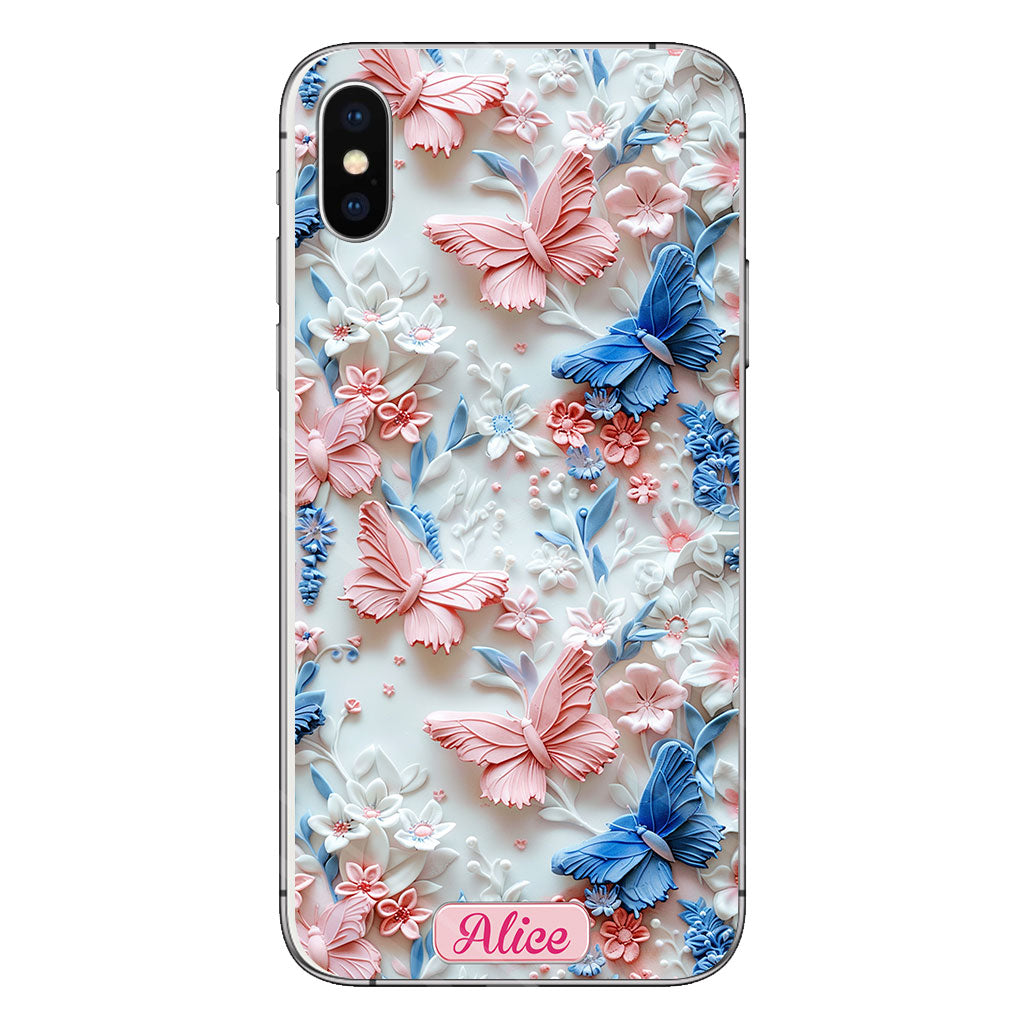 Coque de téléphone transparente personnalisée avec papillons roses et bleus