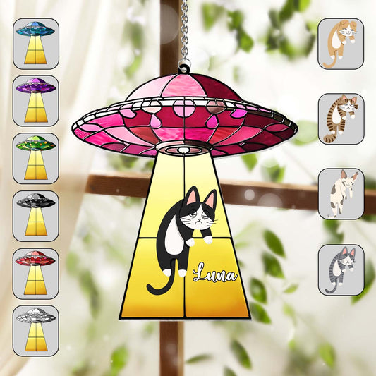 UFO With A Cat - Personalized Cat Window Hanging Suncatcher Ornament