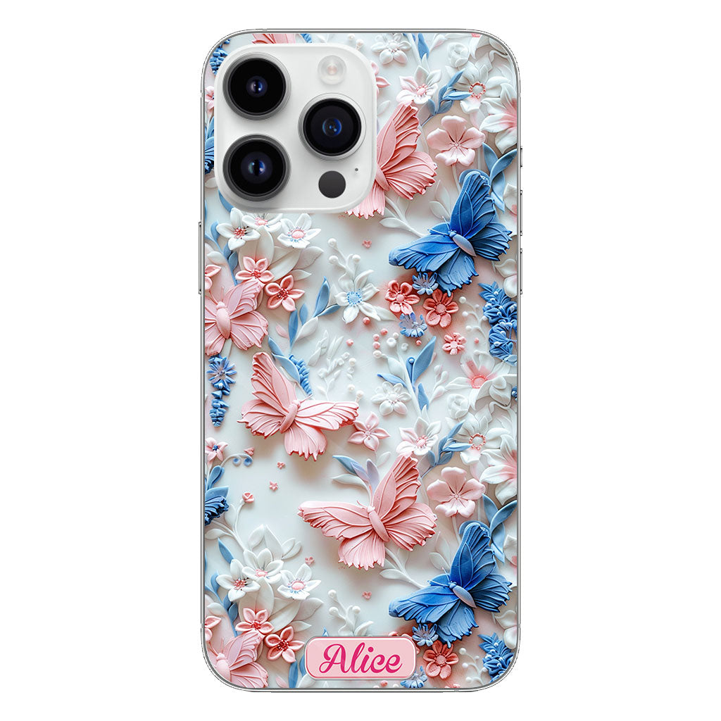 Coque de téléphone transparente personnalisée avec papillons roses et bleus