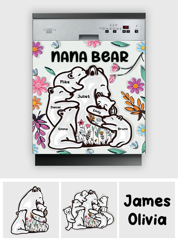 Housse de lave-vaisselle personnalisée « Mamie Ours câlinant ses petits » (motif floral)
