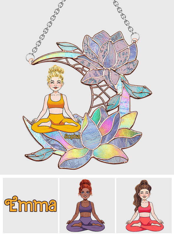 Yoga Girl On Lotus Moon - Personalized Yoga Window Hanging Suncatcher Ornament