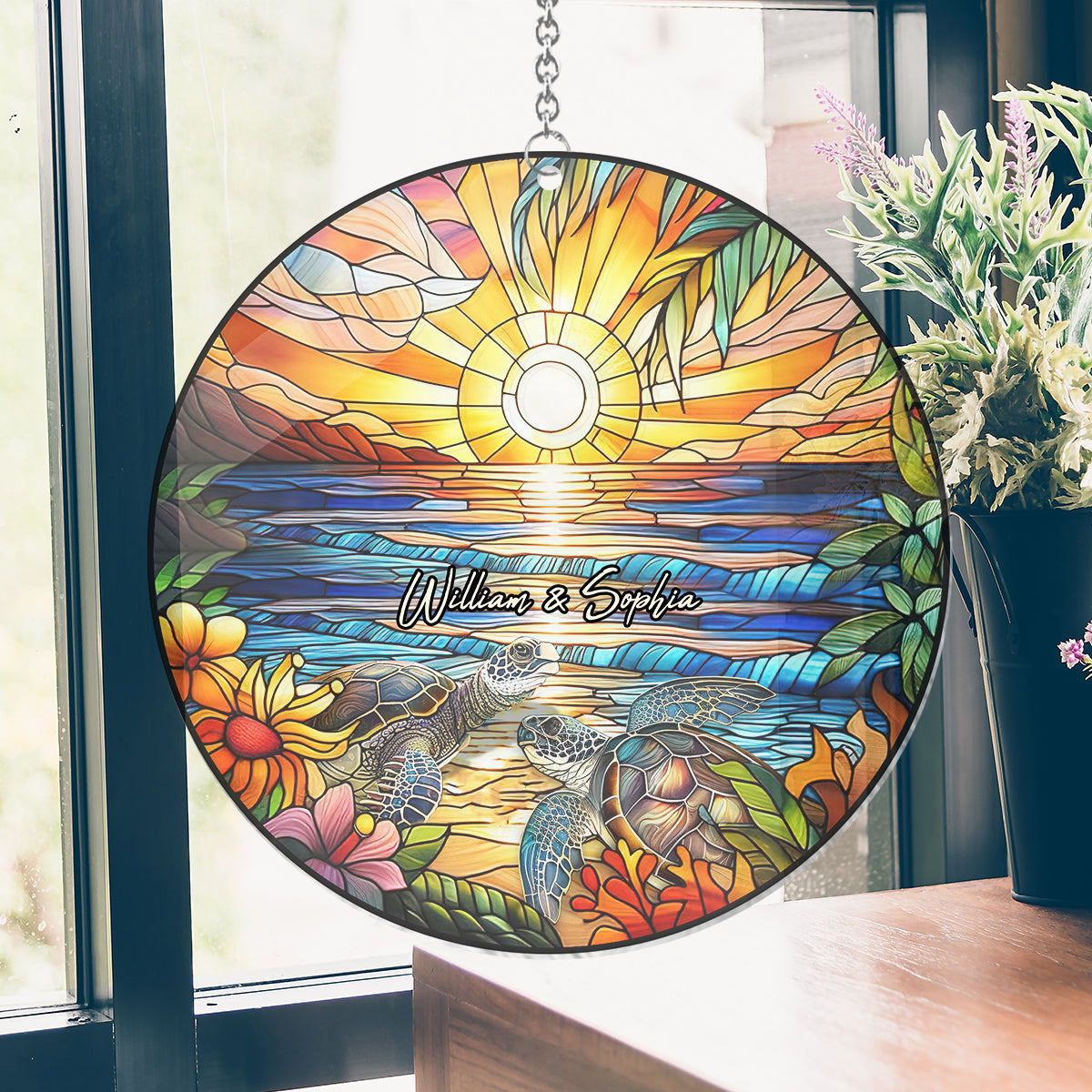 Romantic Sunset - Personalized Turtle Window Hanging Suncatcher Ornament