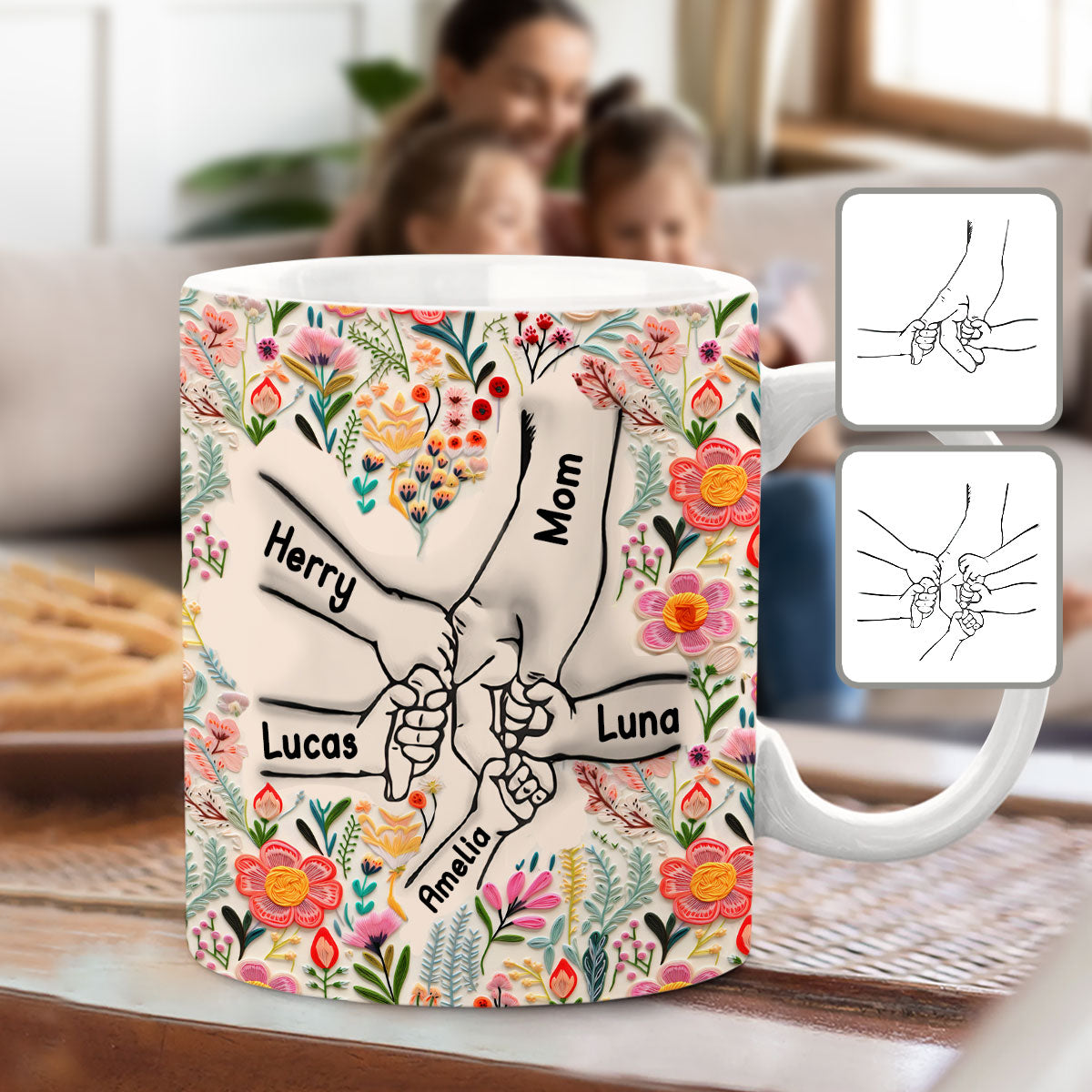 Mug personnalisé « Main dans la main » style floral - Mug maman