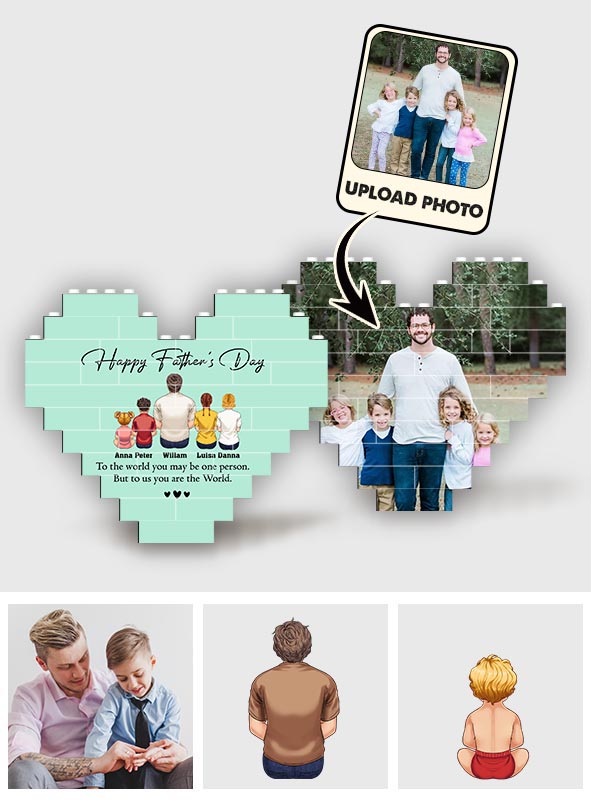 Bonne fête des pères ! Meilleur papa du monde ! Vue de dos - Homme Enfants - Blocs de construction personnalisés en forme de cœur pour papa, imprimés des deux côtés