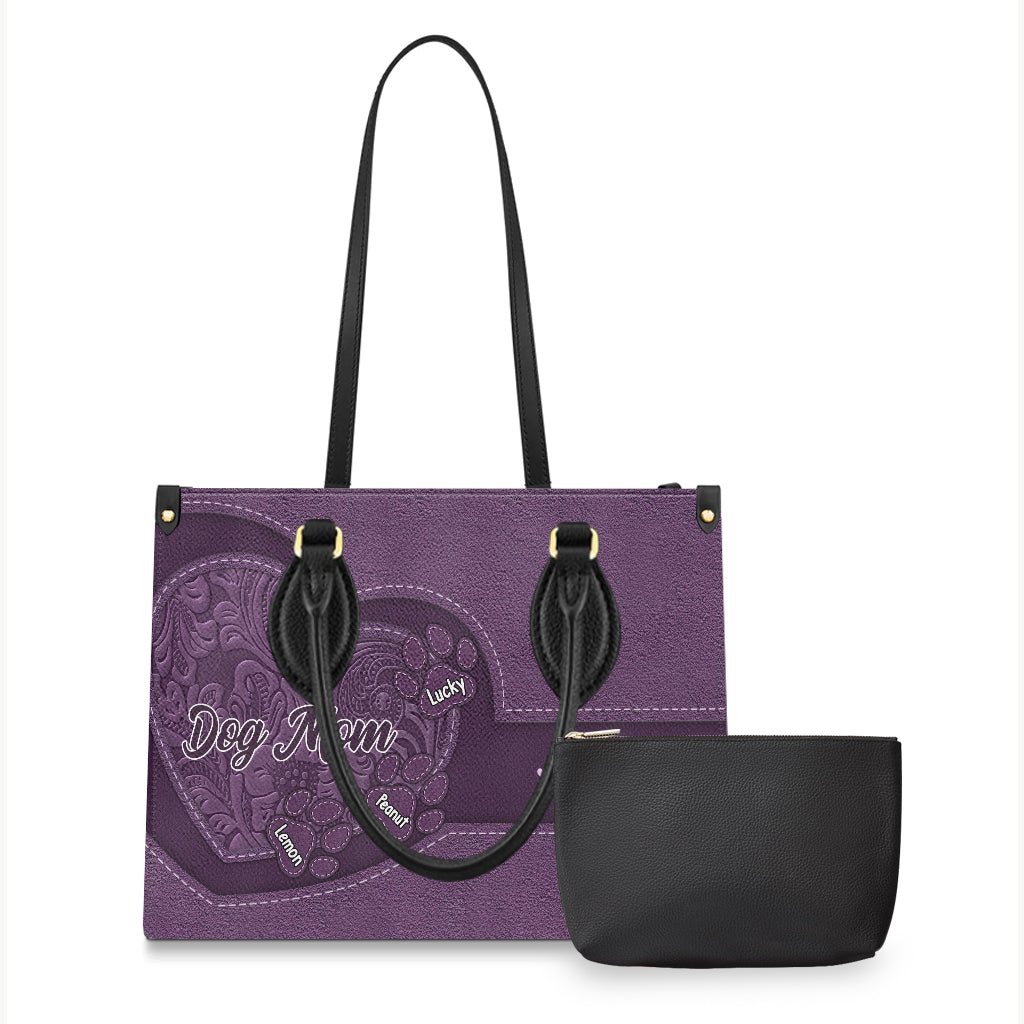 Sac à main en cuir personnalisé pour chien « Maman de chien, maman de chat, cœur et pattes »