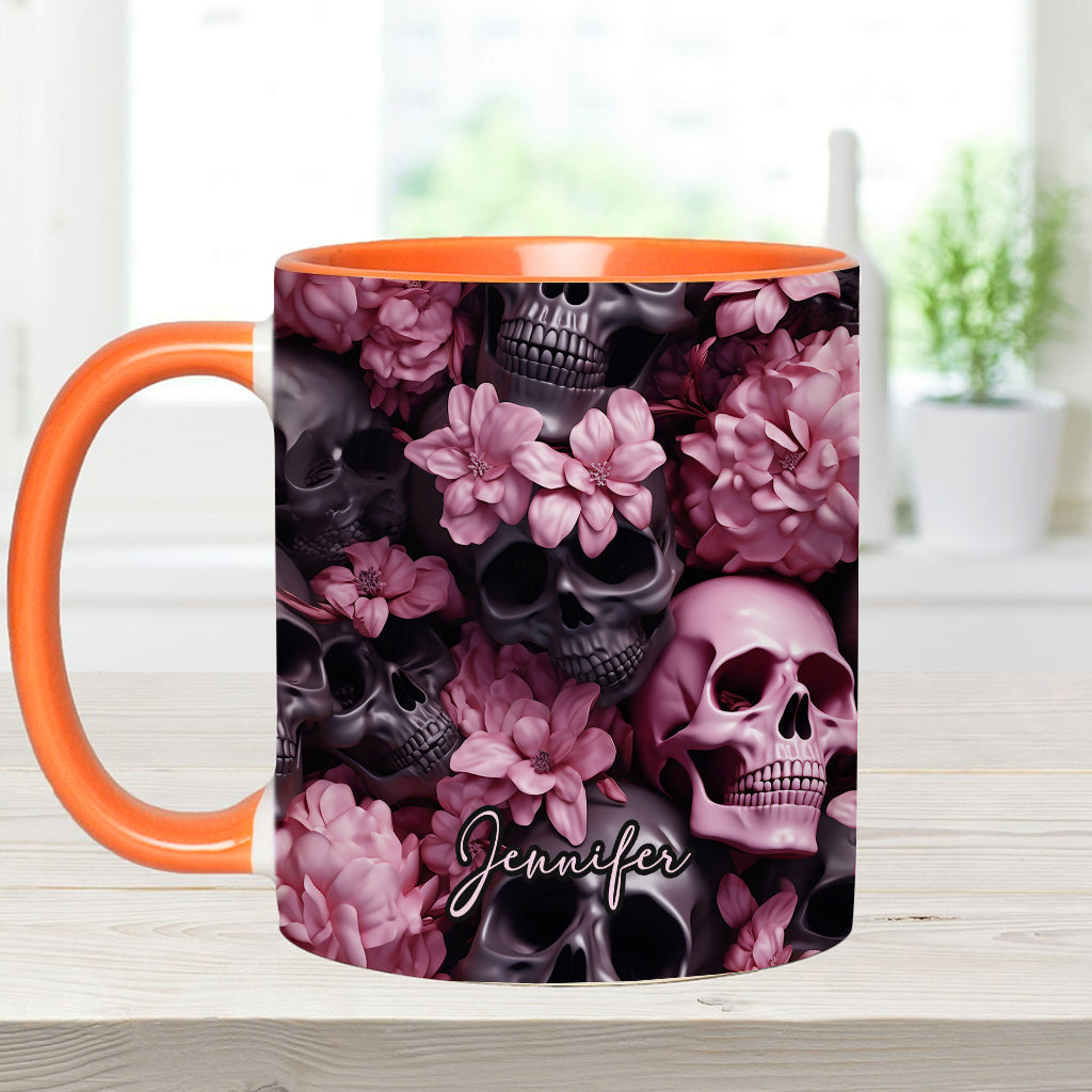Pink Flowers Black Skulls - Personalized Skull Accent Mug