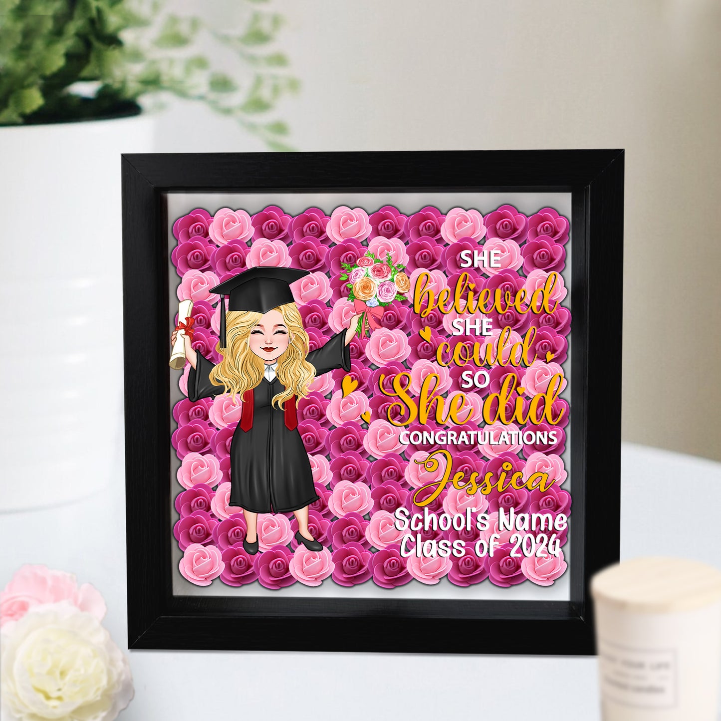 Fille diplômée 2024 - Boîte à souvenirs florale personnalisée