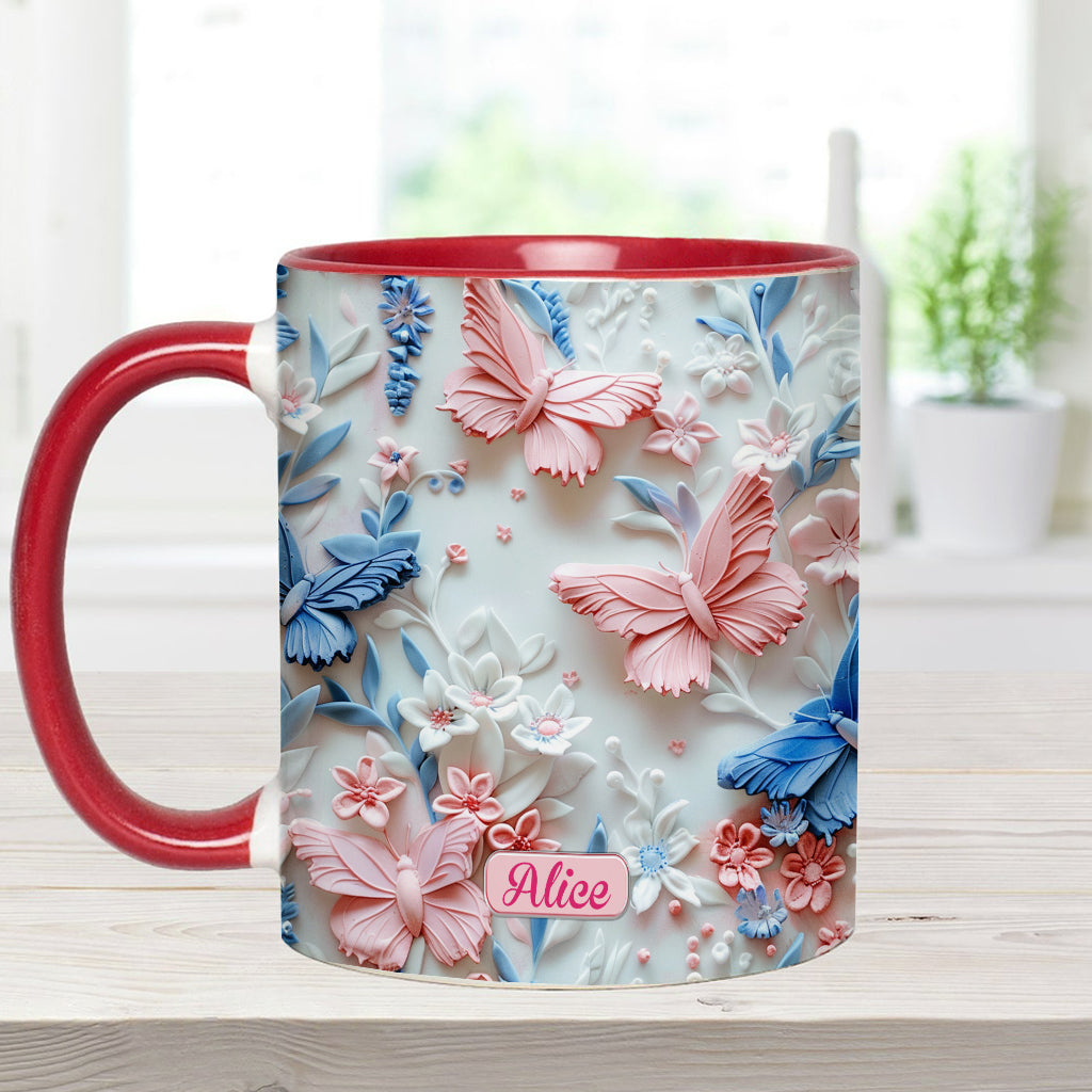 Mug personnalisé à motif papillons roses et bleus