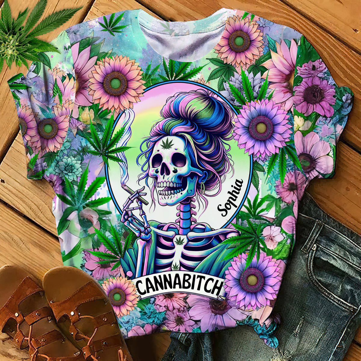 Cannabitch - T-shirt personnalisé avec motif cannabis intégral