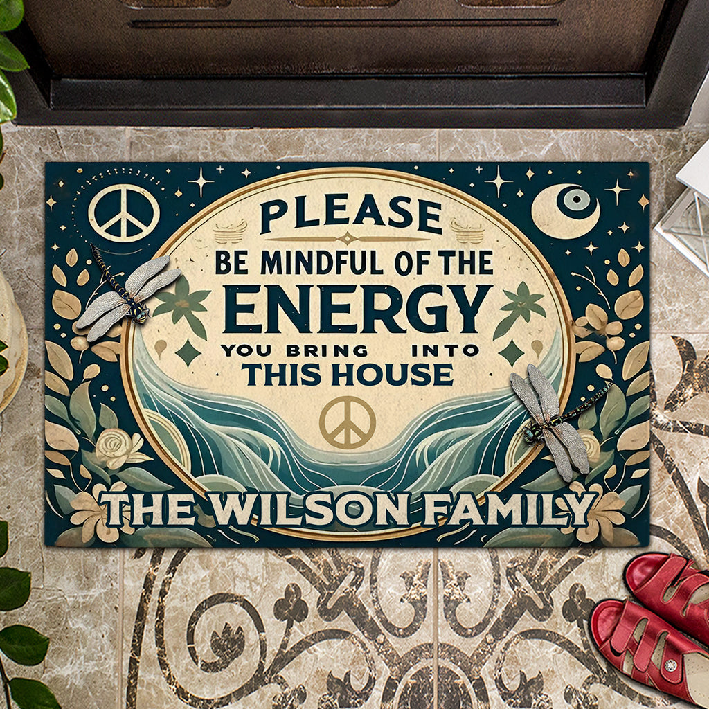 Please Be Mindful Of The Energy - Personalized Hippie Doormat