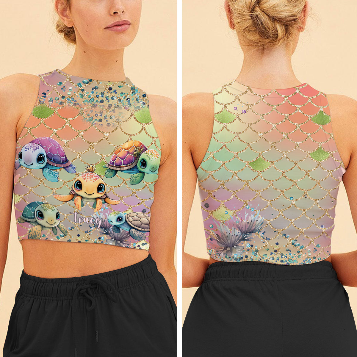 Débardeur court personnalisé Salty Lil Beach Mermaid Scale - Tortue